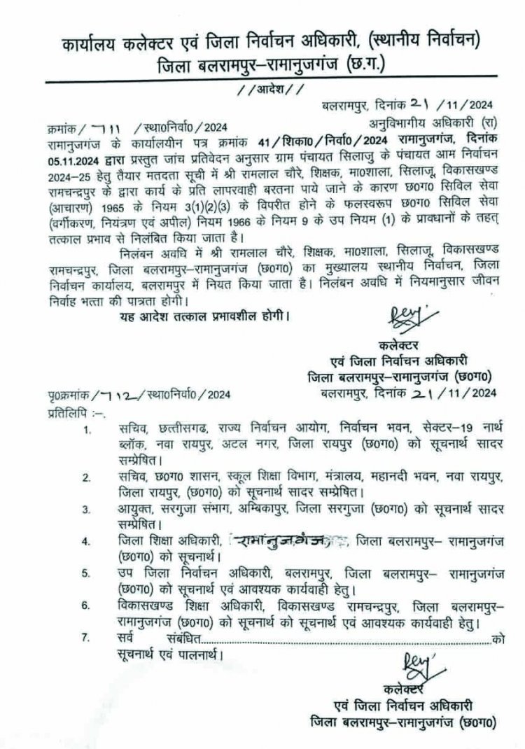 मतदाता सूची तैयार करने में लापरवाही बरतने पर शिक्षक और पंचायत सचिव निलंबित