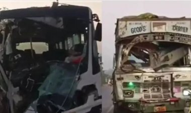 छत्तीसगढ़ राज्य  ट्रक से टकराई स्कूली बच्चों से भरी बस, शिक्षक और चालक की मौत, 19 घायल