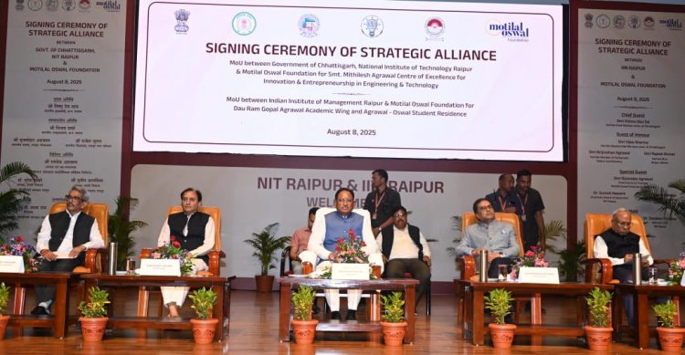 छत्तीसगढ़ शासन, आईआईएम, एनआईटी और मोतीलाल ओसवाल फाउंडेशन के त्रिपक्षीय एमओयू पर हस्ताक्षर  हस्ताक्षर के साक्षी बने मुख्यमंत्री श्री विष्णु देव साय  फाउंडेशन द्वारा आईआईएम एवं एनआईटी को 172 करोड़ रुपये का योगदान